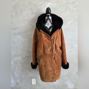 Synergy Suede Leather Faux Shearling Tan and Black Hooded Size S Oversized Coat